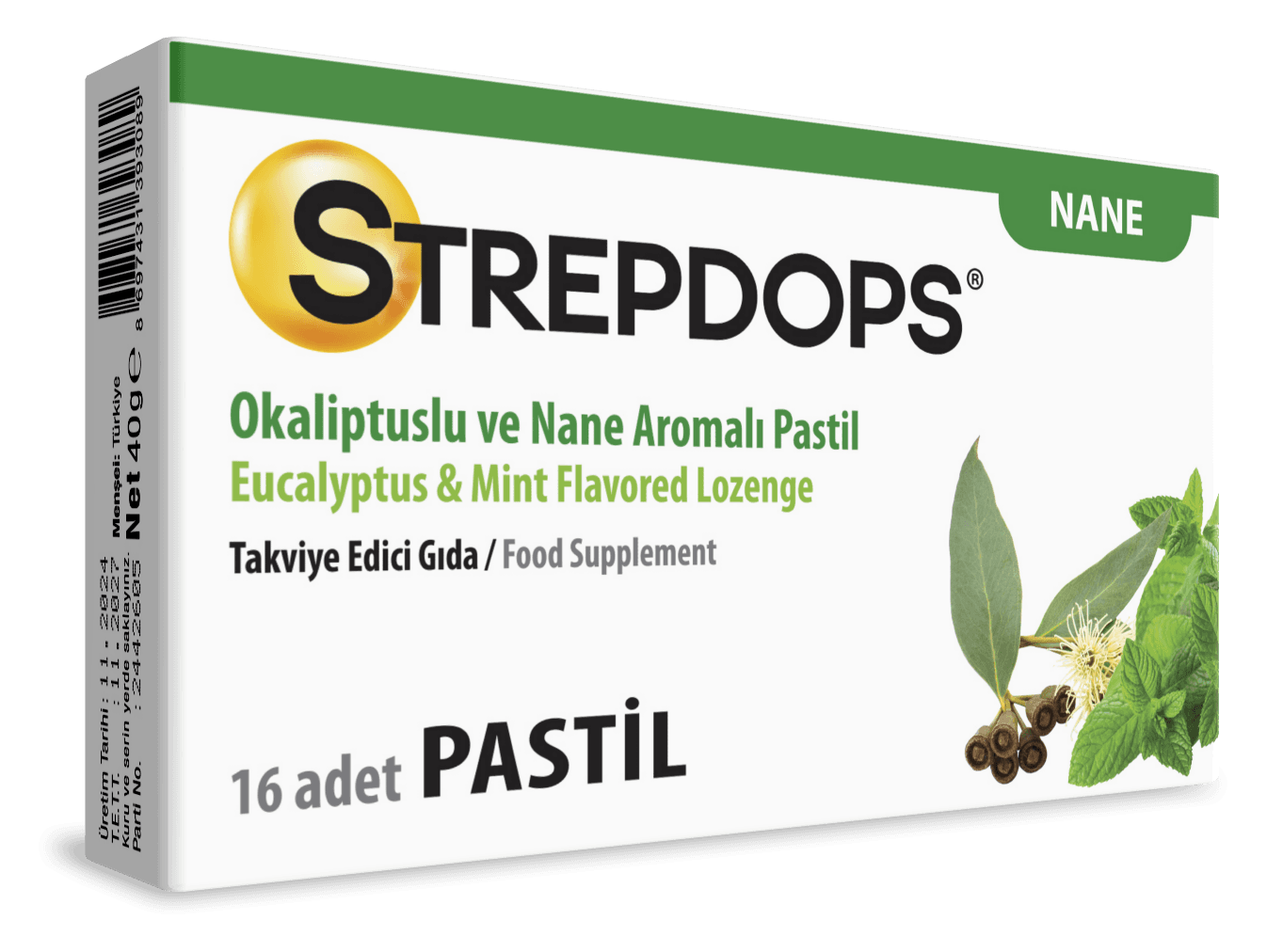 STREPDOPS Okaliptus ve Nane Aromalı Pastil ambalajı