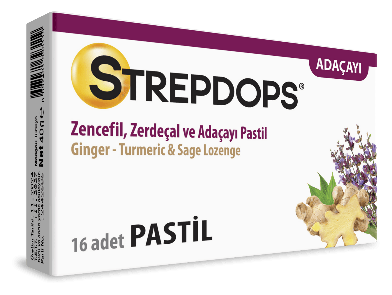 STREPDOPS Zencefil Zerdeçal Adaçayı Pastil ambalajı